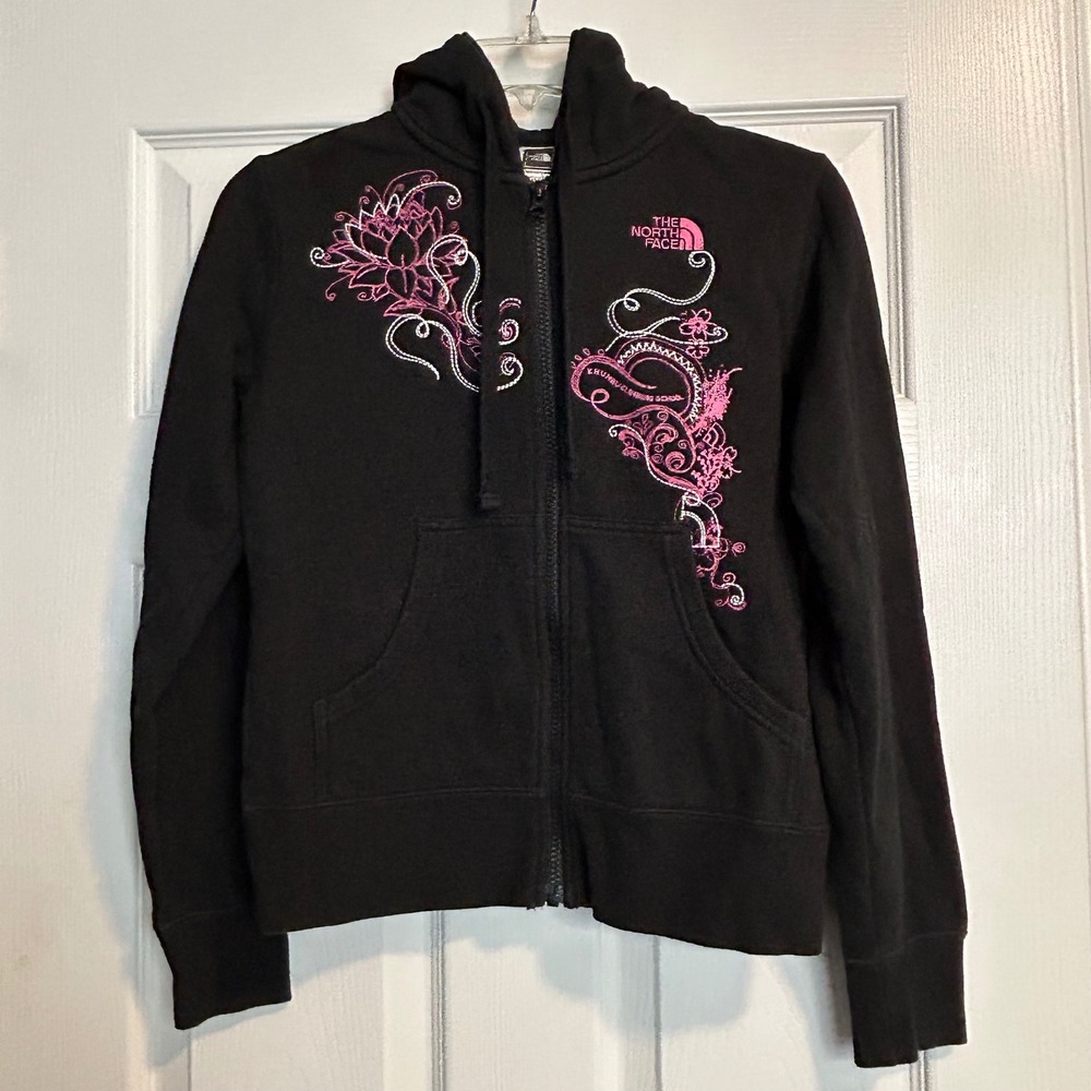 The North‎ Face Womens Black Zip Hoodie Pink Floral Embroidered XS Y2K